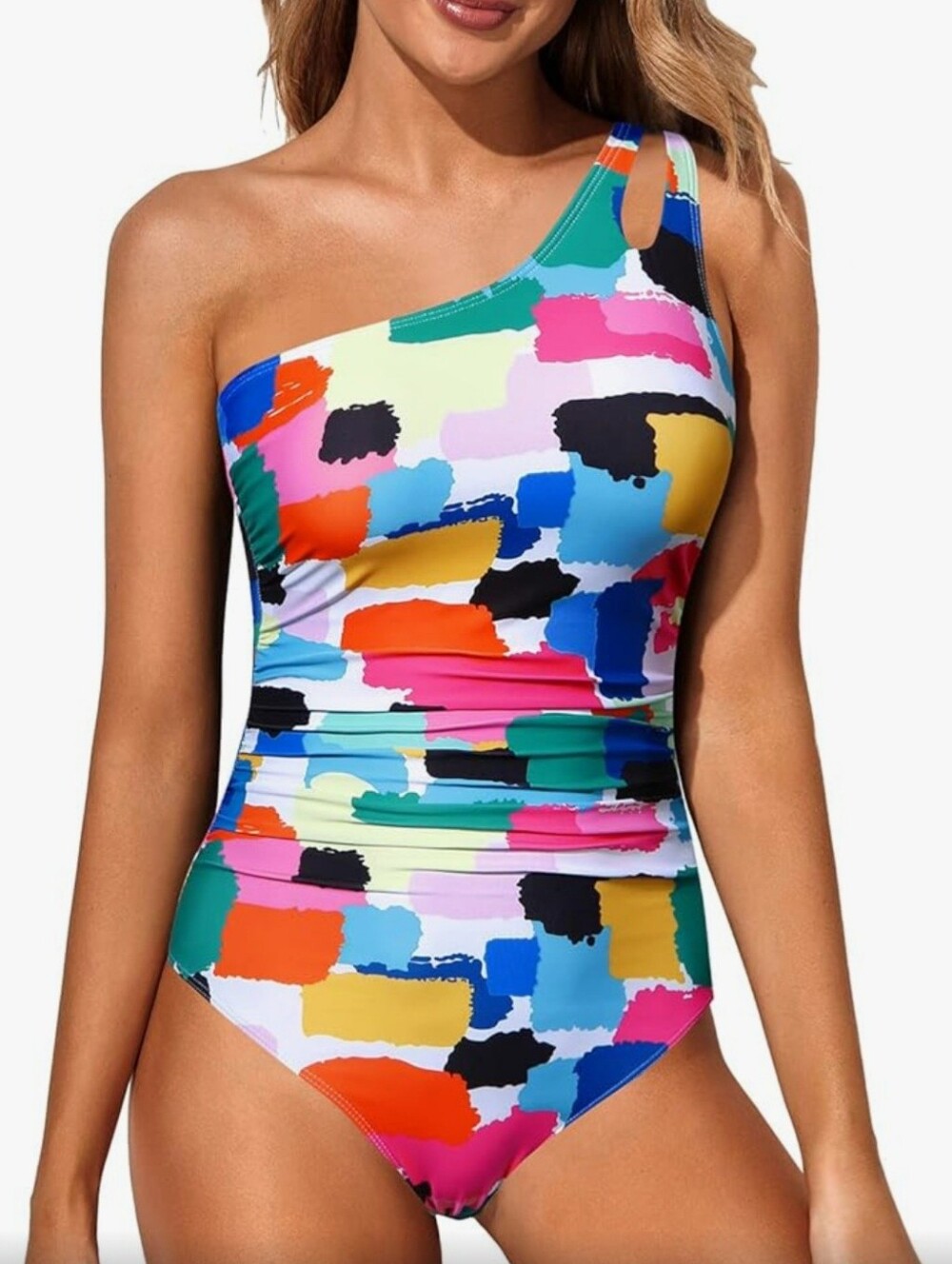 One-Shoulder Multicolor Abstract Print Swimsuit
